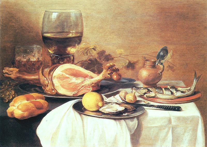 Pieter Claesz A ham, a herring, oysters, a lemon, bread, onions, grapes and a roemer Germany oil painting art